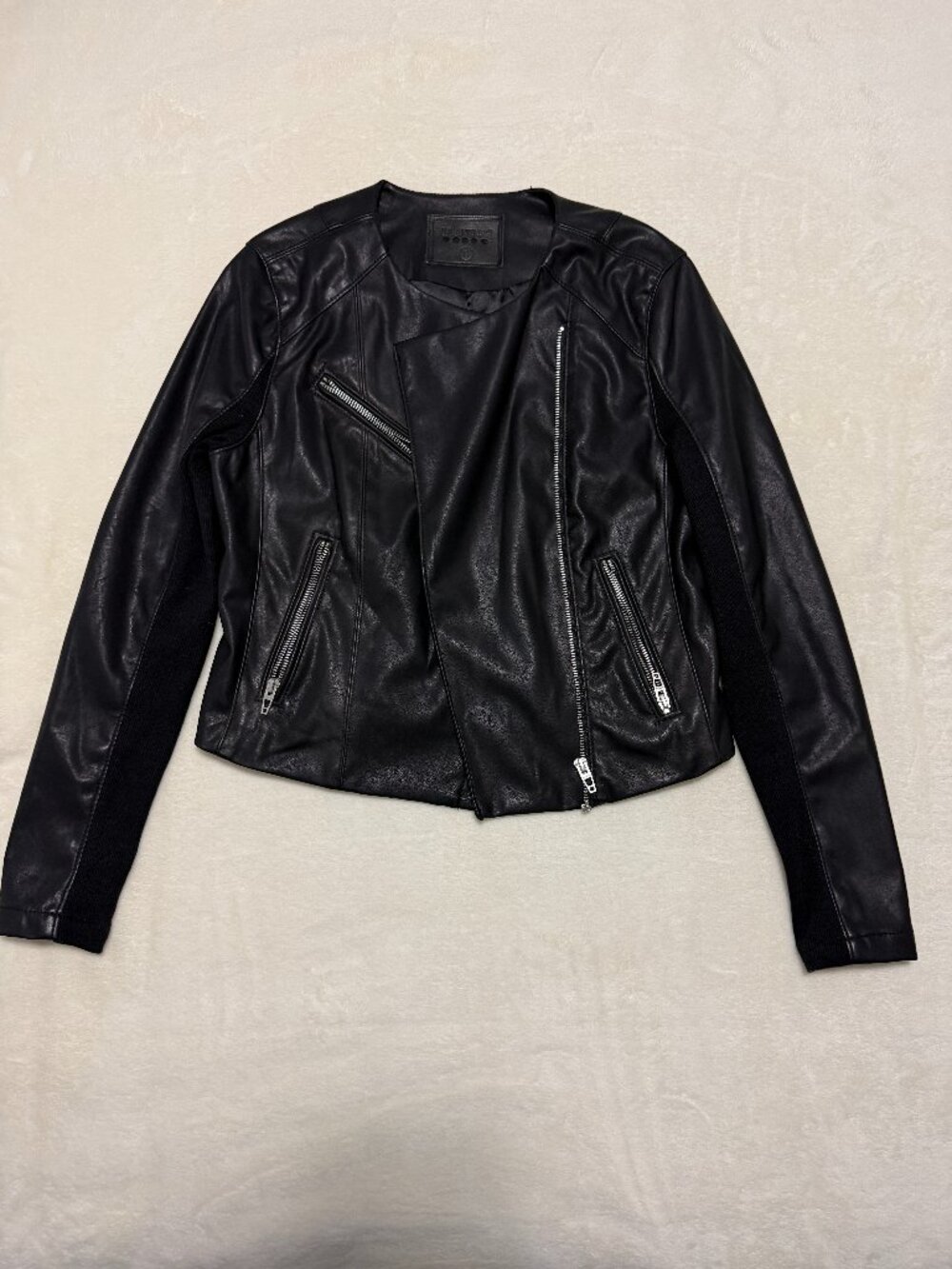 BLANKNYC Black Faux Leather Moto Jacket Asymmetrical Zip Stretch Panels Size S
